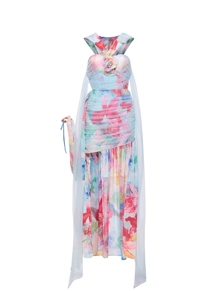 Chiffon Floral-print Halter Neck Backless Irregular Dress