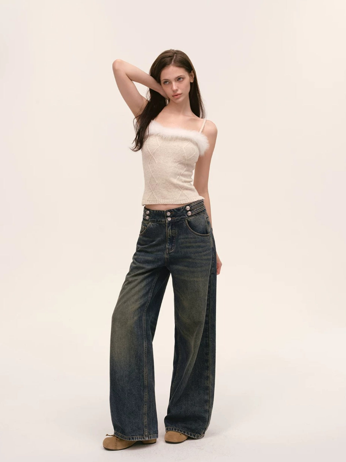 Vintage Double Button Wide-Leg Jeans