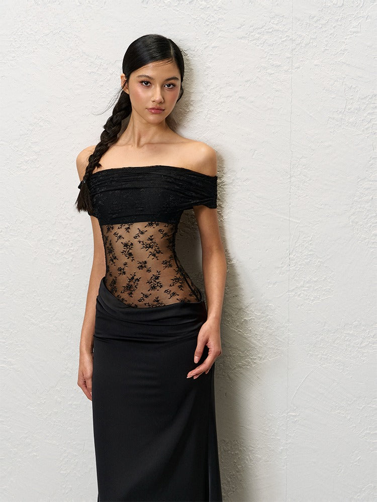 Green & Black Lace Off-Shoulder Slip Dress
