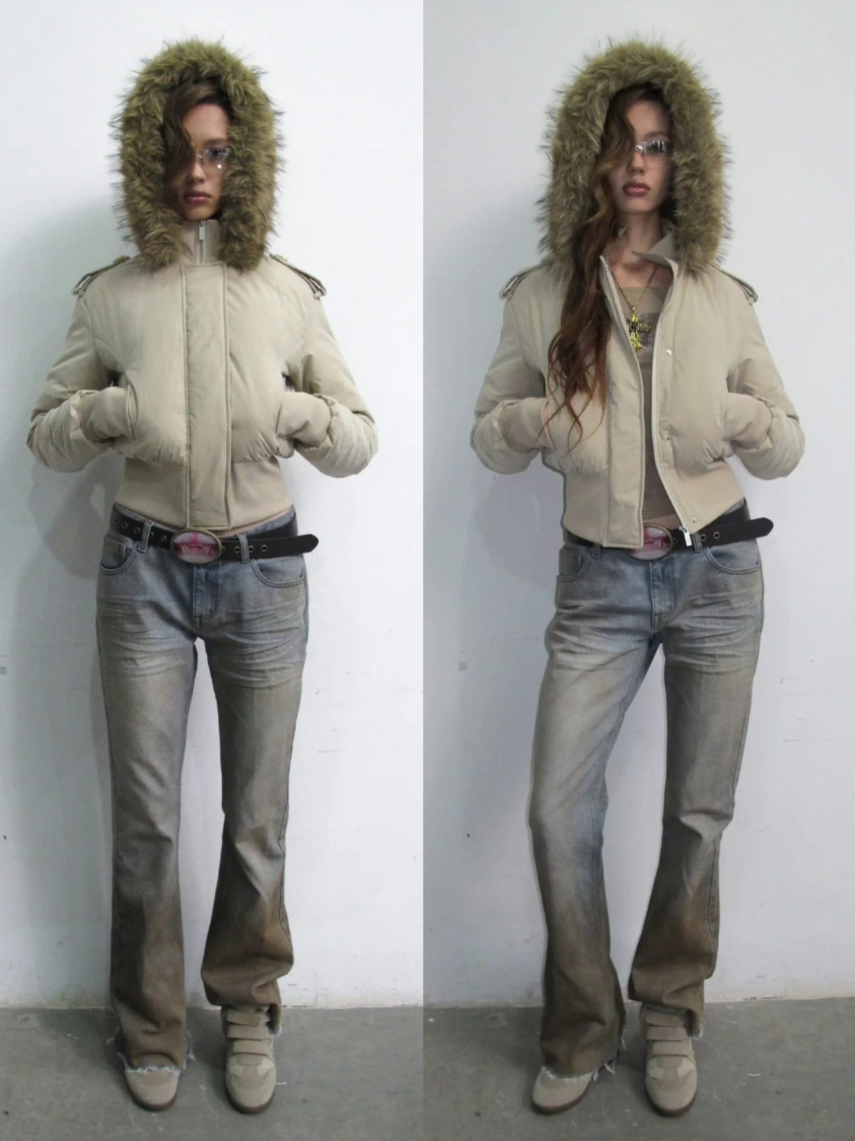 Detachable Faux Fur Ribbed-Waist Down Jacket