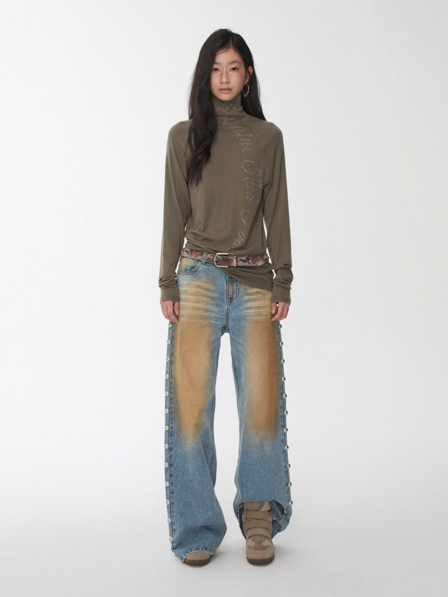 Rhinestone High Neck Raglan Knit Top