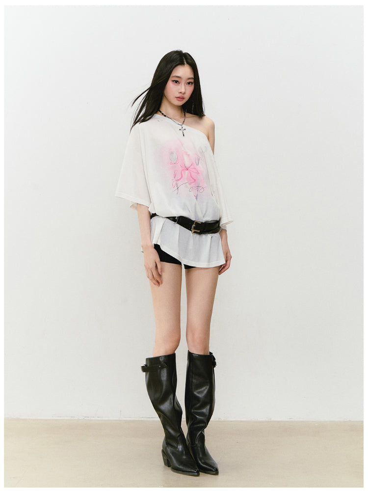 Rhinestone Printed Asymmetric Shoulder Short sleeve T-shirt