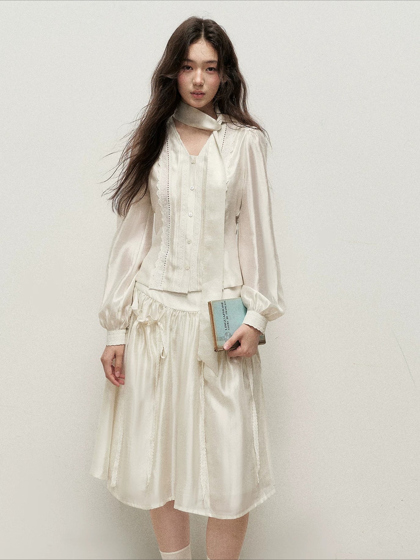 Ribbon V-Neck Skirt Set