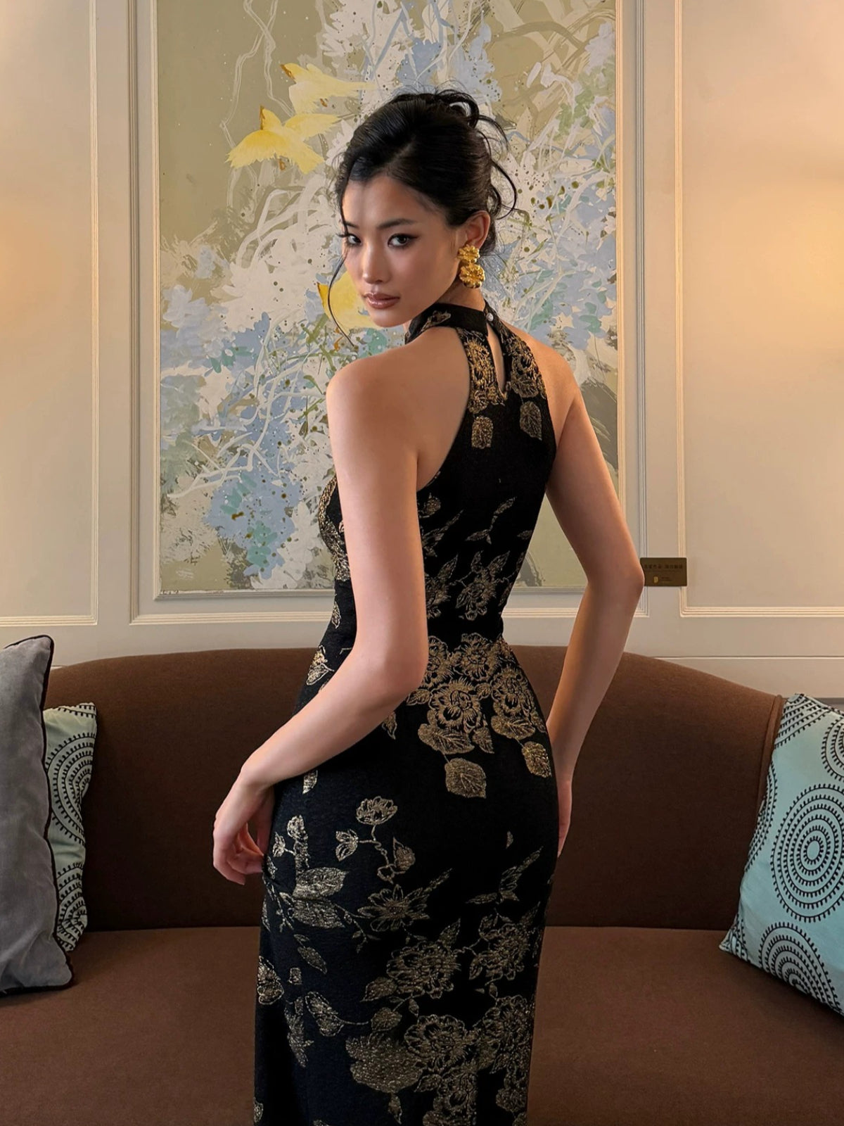 Black Gold Jacquard Halter Qipao Dress