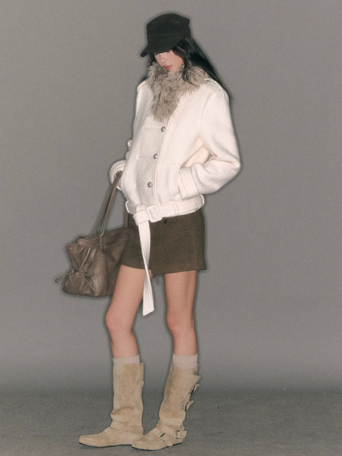 Fur-Collar Belted Wool Bouclé Coat