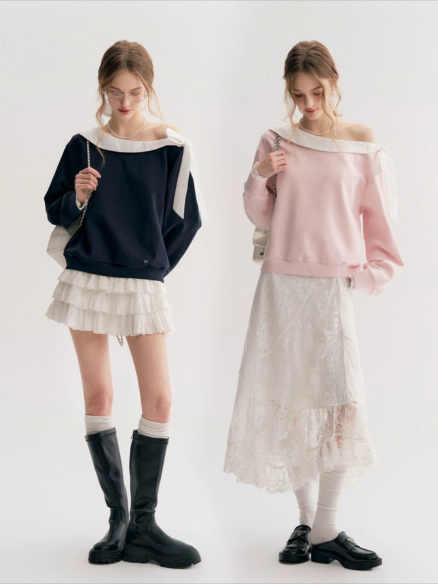 Navy & Pink Bow Off-Shoulder Sweatshirt