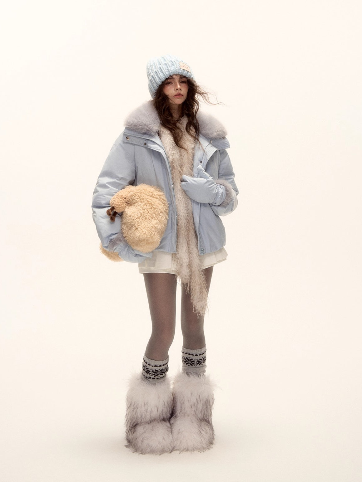 Detachable Fur Collar Short Down Jacket & Gloves Set