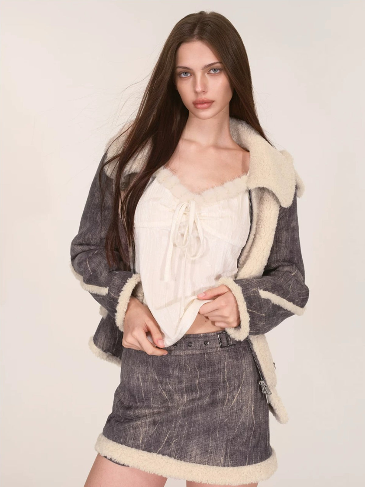 Sherpa Trimmed Jacket & Skirt Set