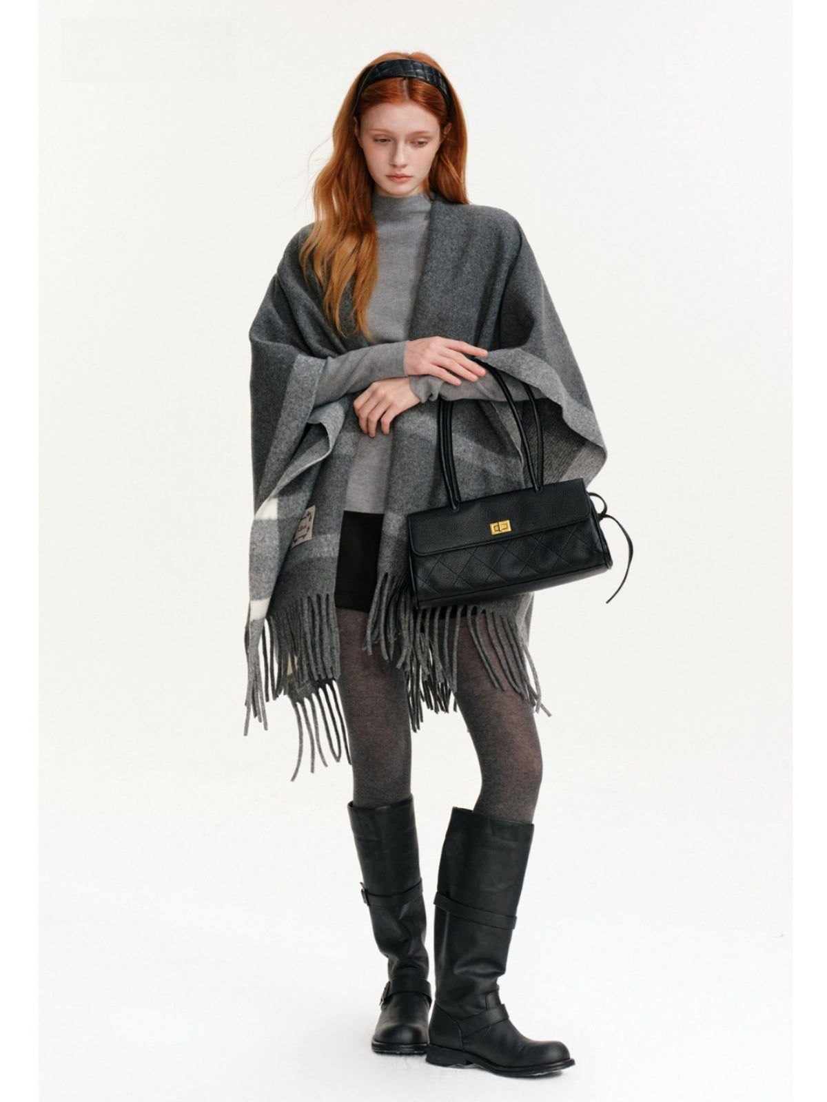 Contrast Plaid Fringed Knit Shawl