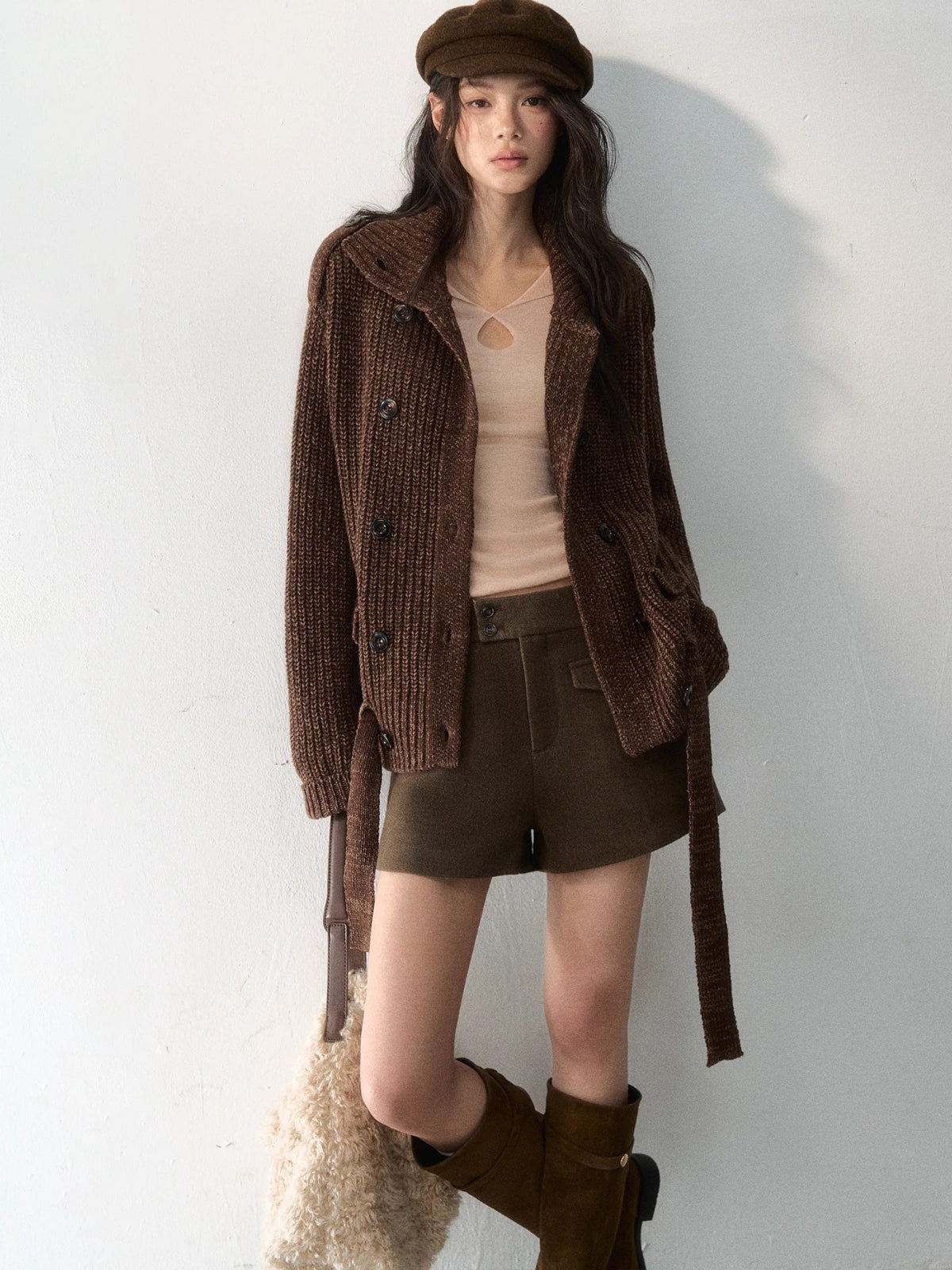 Double-Breasted Turtleneck Knit Cardigan