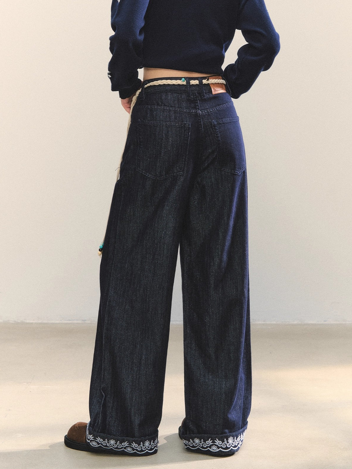 Navy Blue Boho Embroidered Belted Jeans