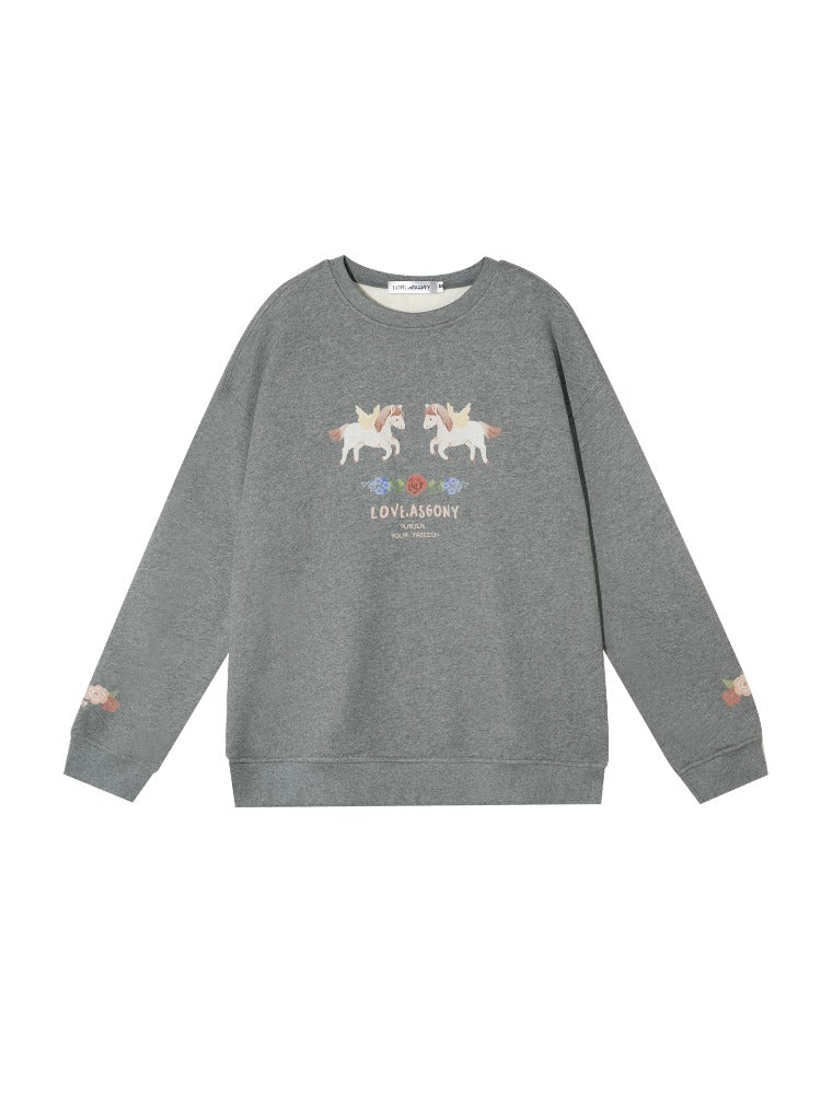 Floral Pony Print Fleece-Lined Pullover Sweatshirt