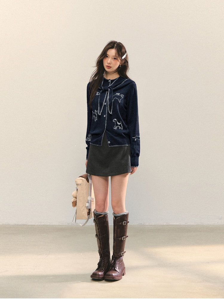 Puppy Embroidered Trim Hooded Knit Sweater