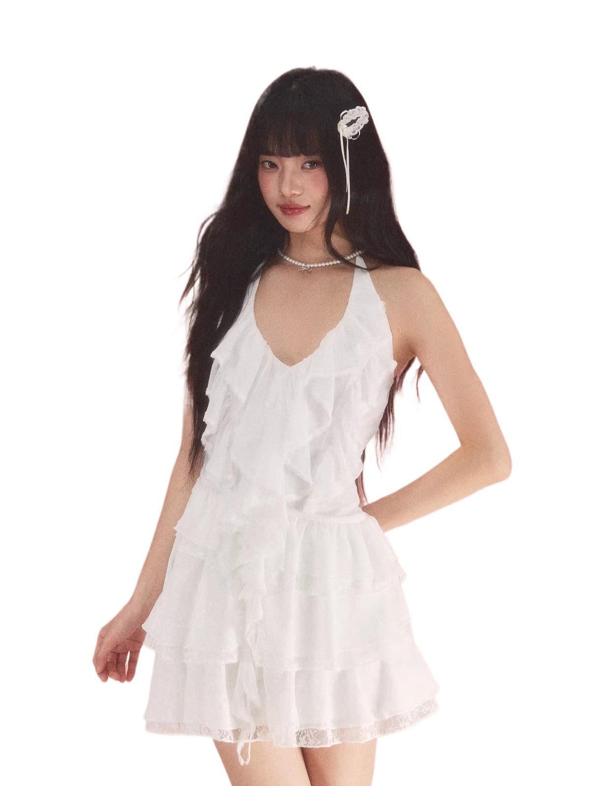 White Ruffle Halter Dress