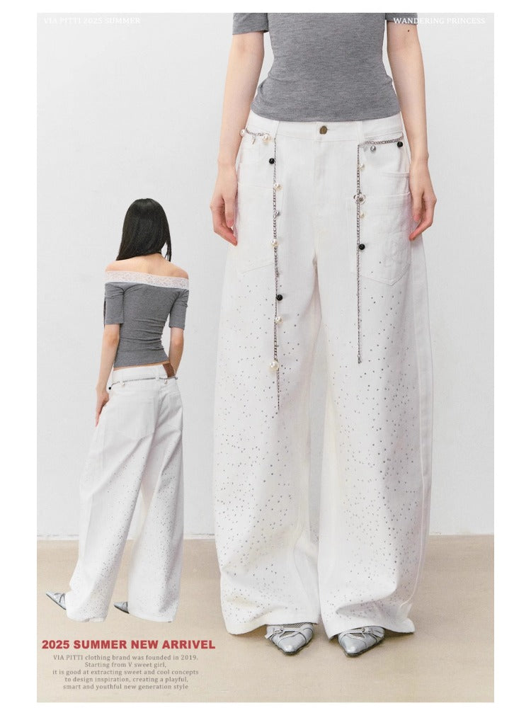 3D Rhinestone Wide-leg Denim Pants