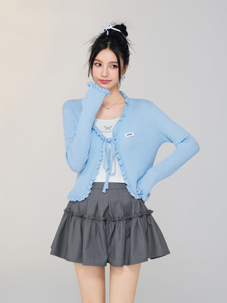 V - neck Ruffled Tie - front Knit Cardigan