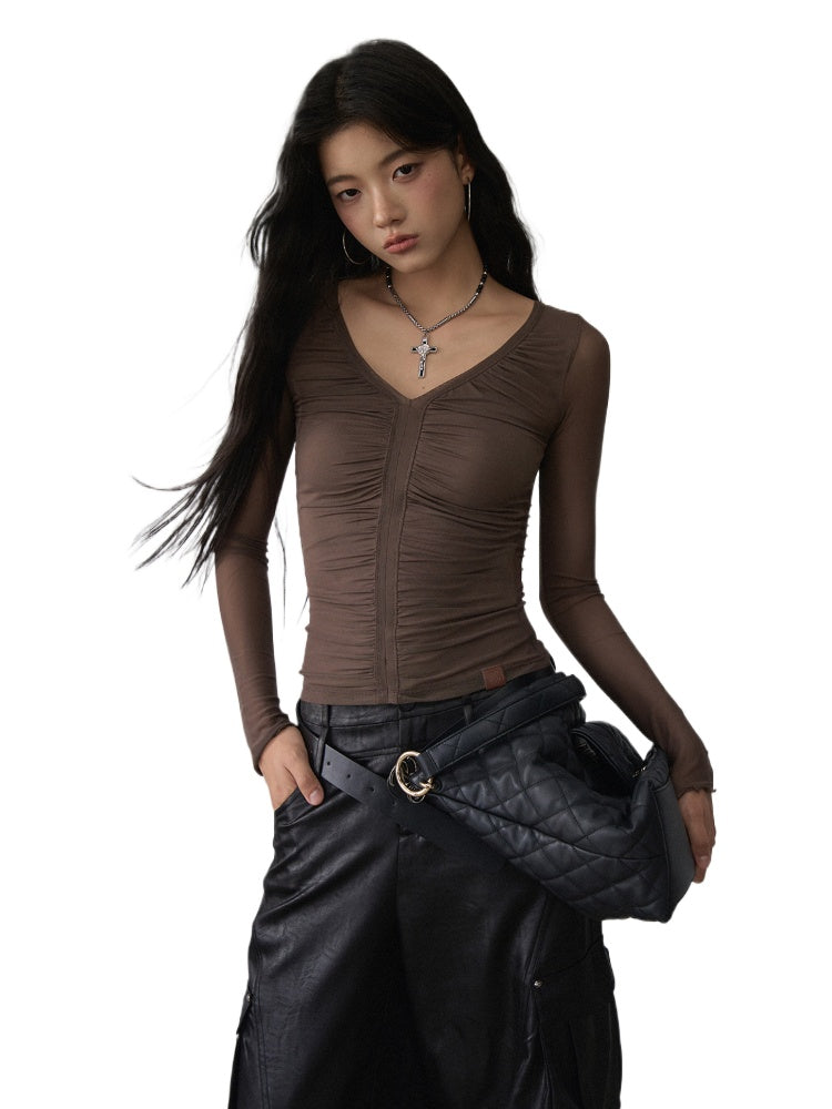 V-Neck Ruffled Mesh Slim Long-Sleeve Blouse