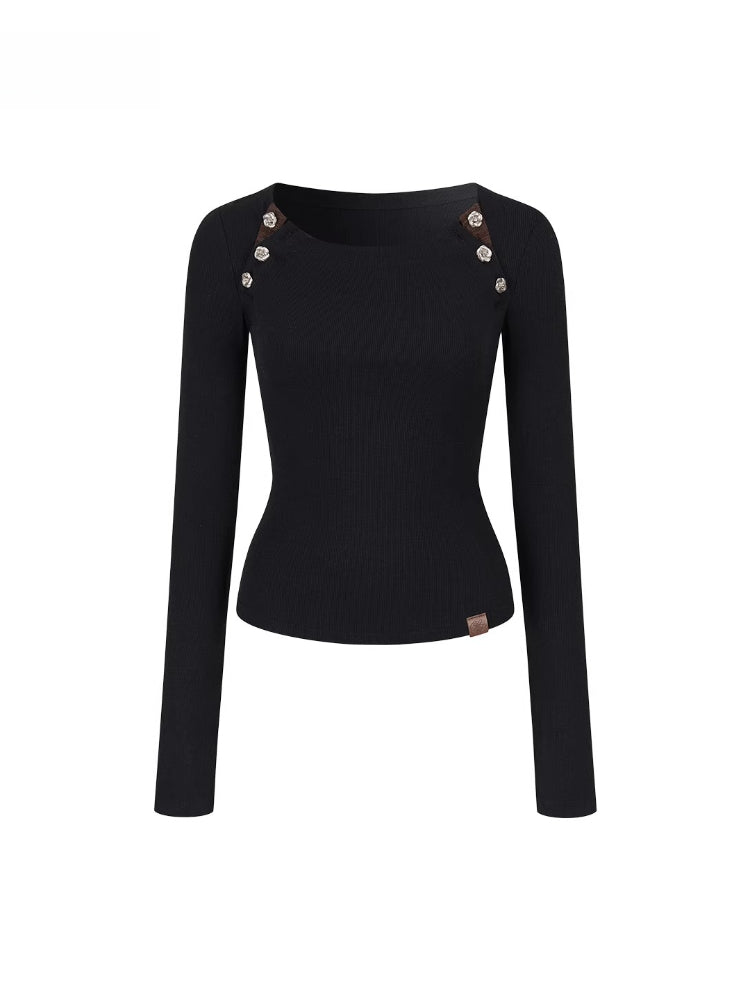 Rose Button Detail Fitted Long Sleeve Top