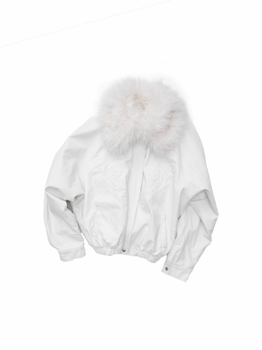 Embroidered Faux Fur Collar Leather Jacket