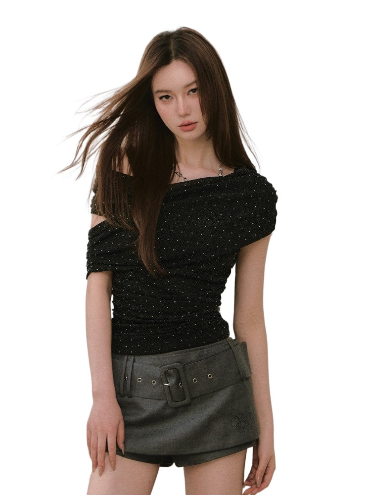 Rhinestone Off-the-Shoulder Pure-Desire Style T-shirt