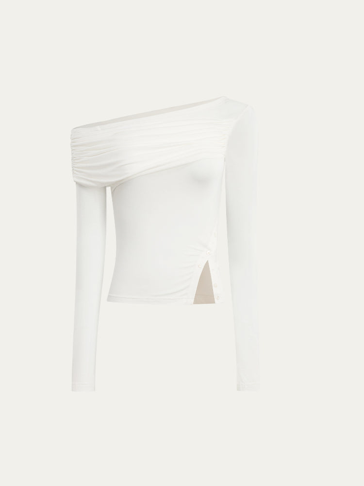 Asymmetric Shoulder Voluminous Ruched T-Shirt