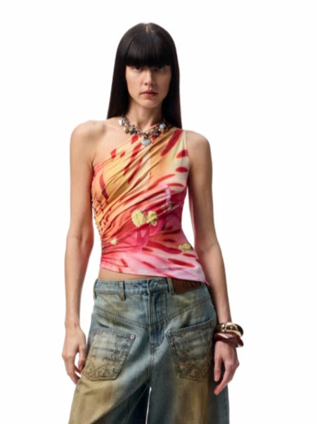 Slanted Shoulder Wrinkle-Printed Floral Vest