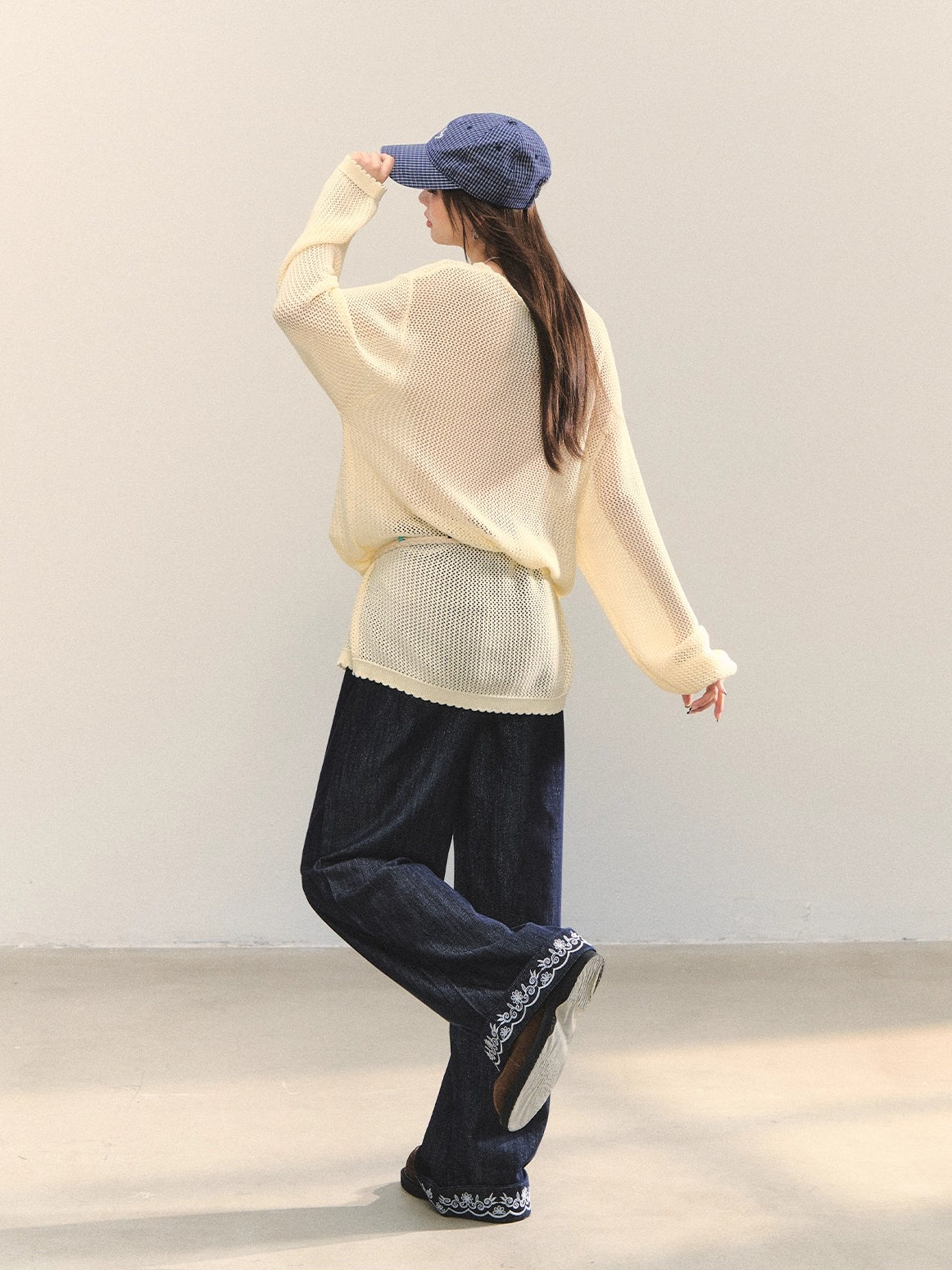 Navy Blue Boho Embroidered Belted Jeans