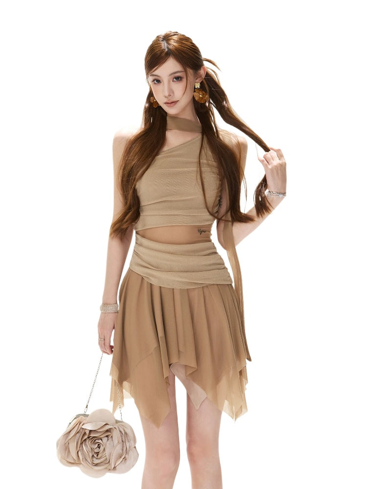 Asymmetric Mesh Mini Dress