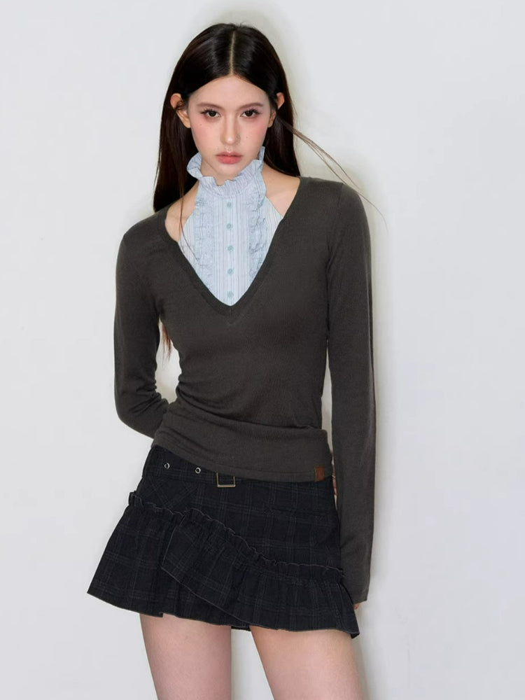 Faux Layered Mock Neck Knit Top
