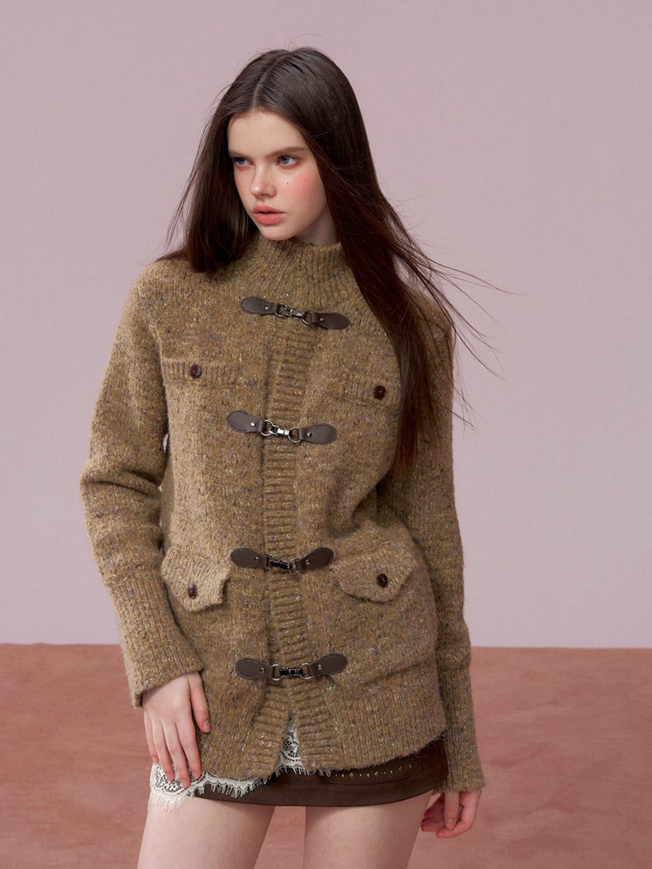 Brown Leather Buckle Cardigan & Hooded Cape Set