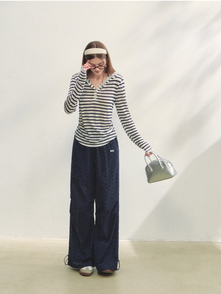 Striped Color-block Lace Spliced T-Shirt