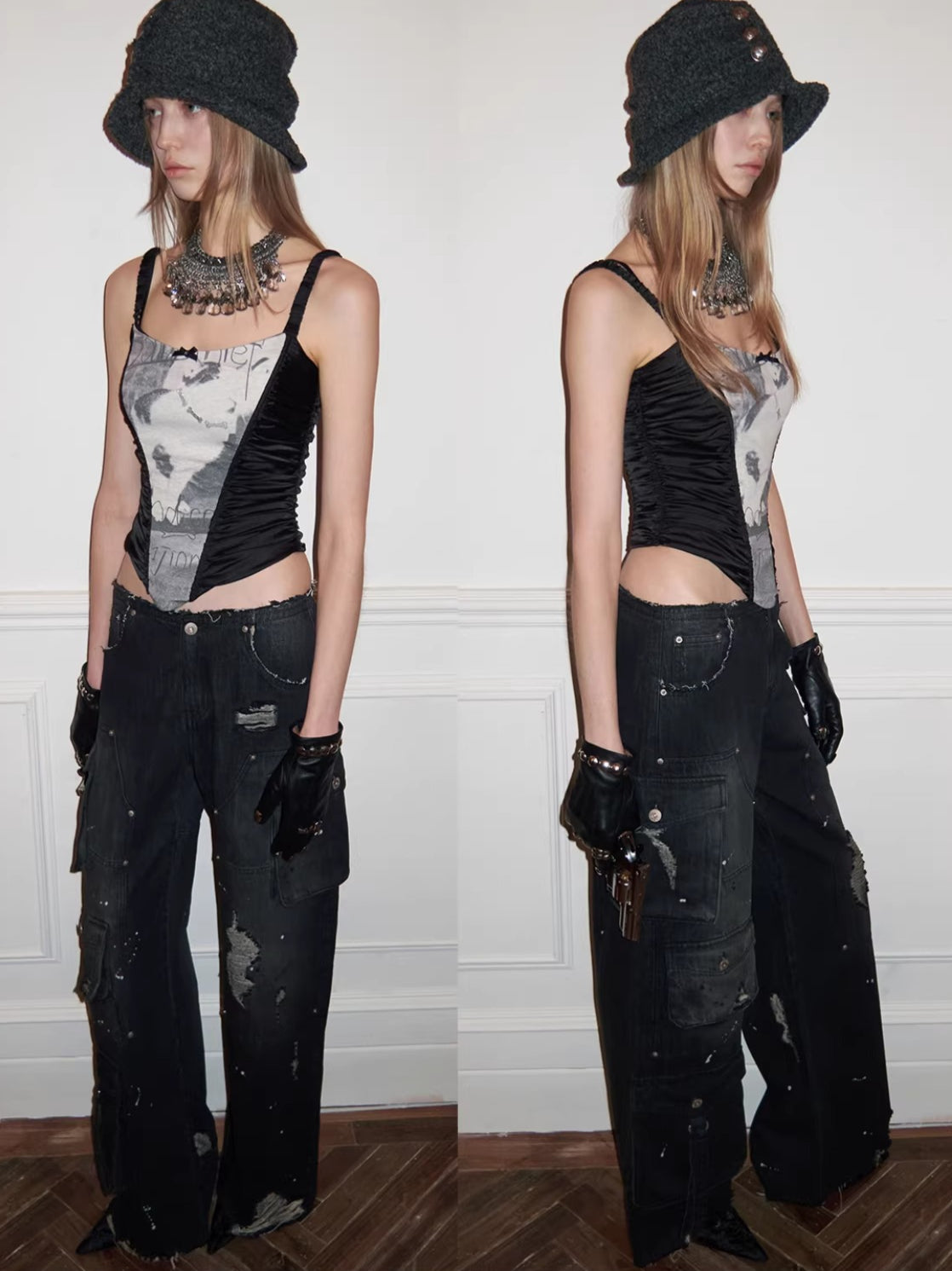 Multi-Pocket Washed Denim Pants