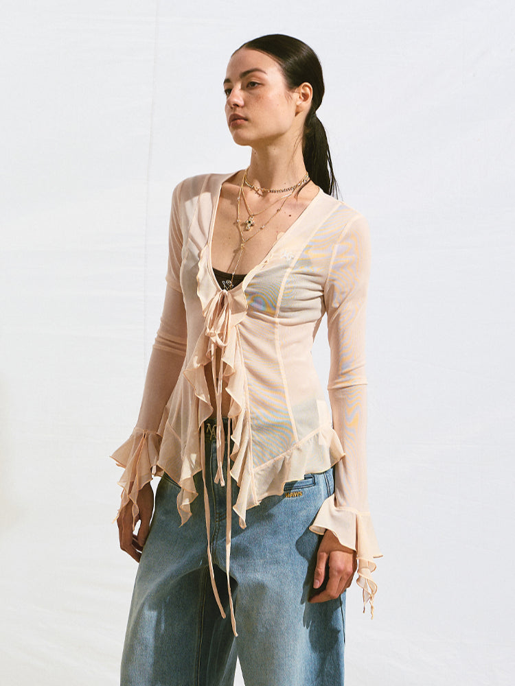 V-Neck Ruffle Mesh Overlay Top