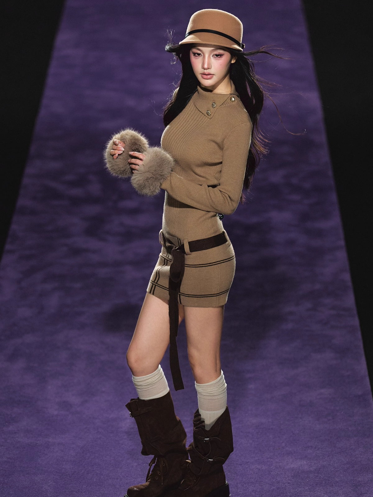 Turtleneck Fuzzy-Cuff Knit Dress