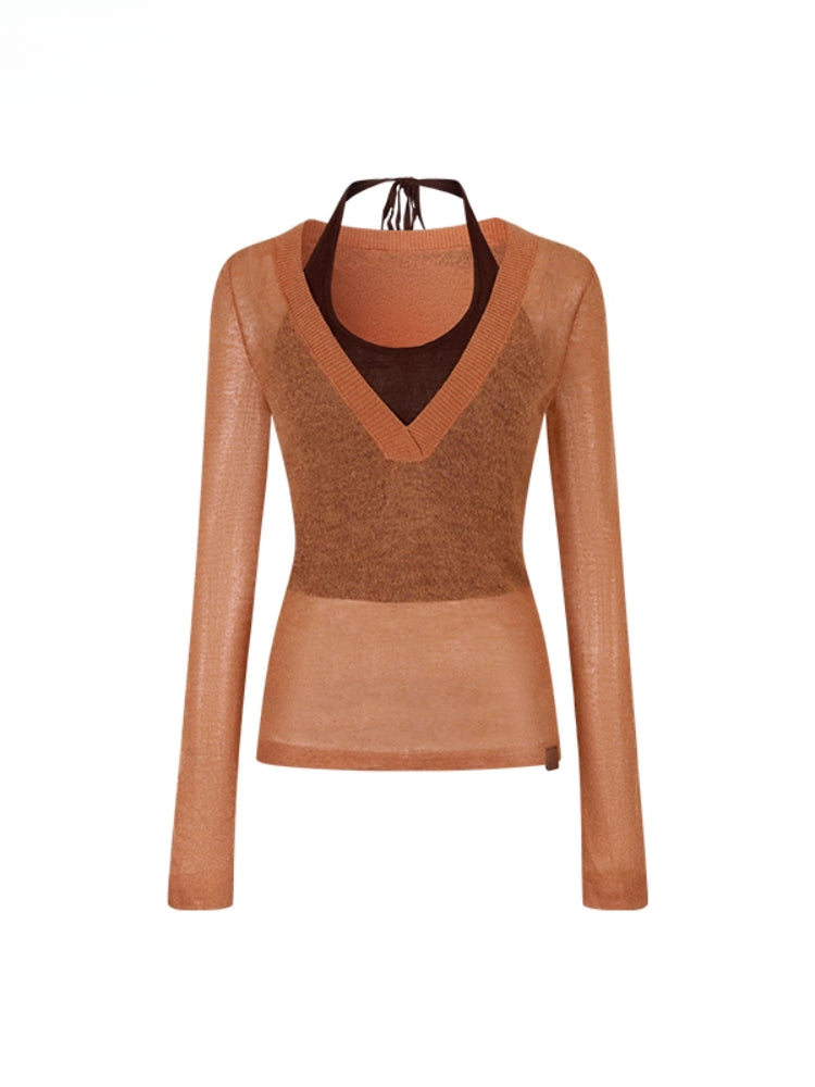 Fake Two-Piece Halter V-Neck Knit Sweater