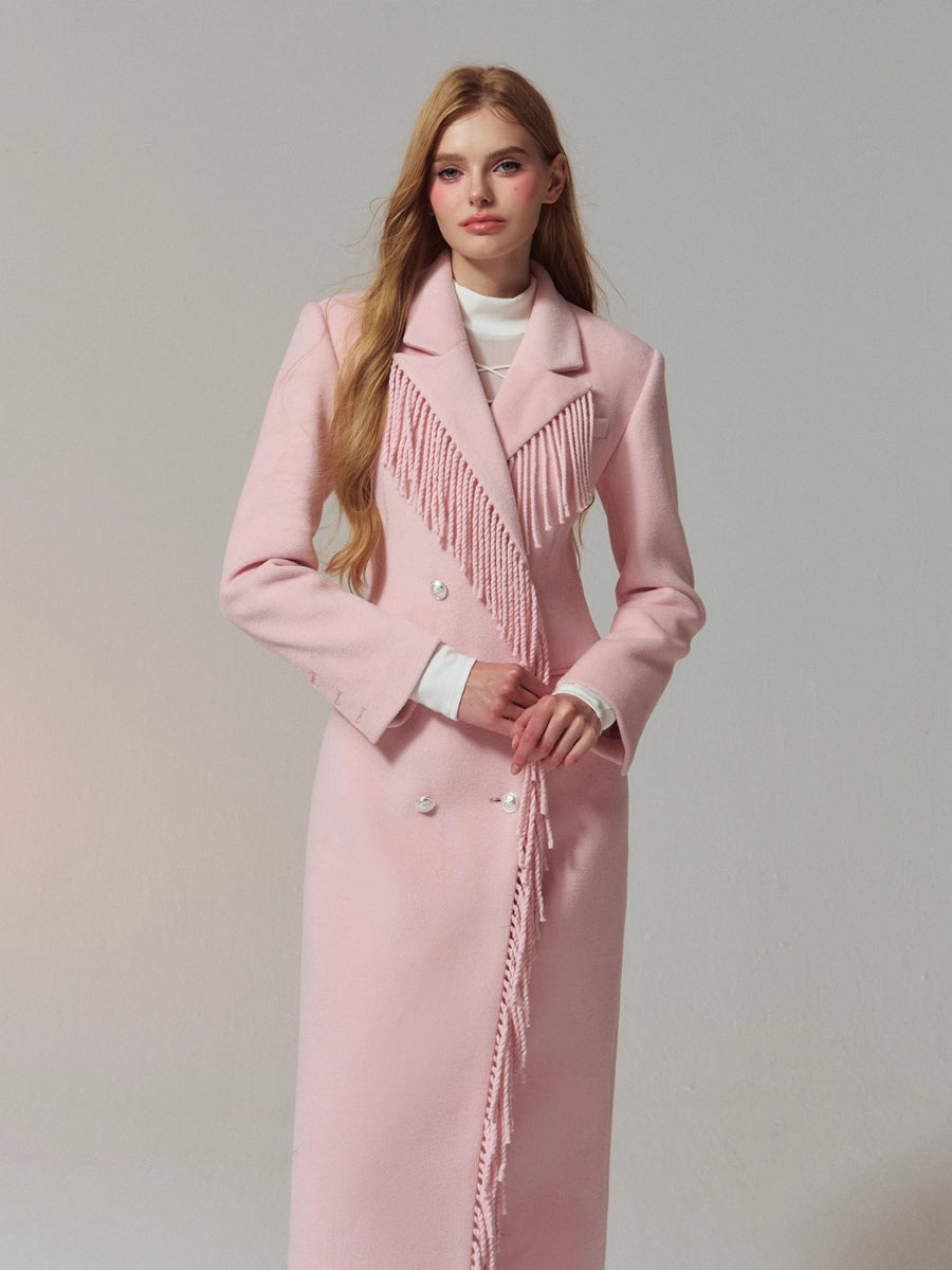 Wool-Blend Hourglass Fringe-Scarf Double-Breasted Long Coat