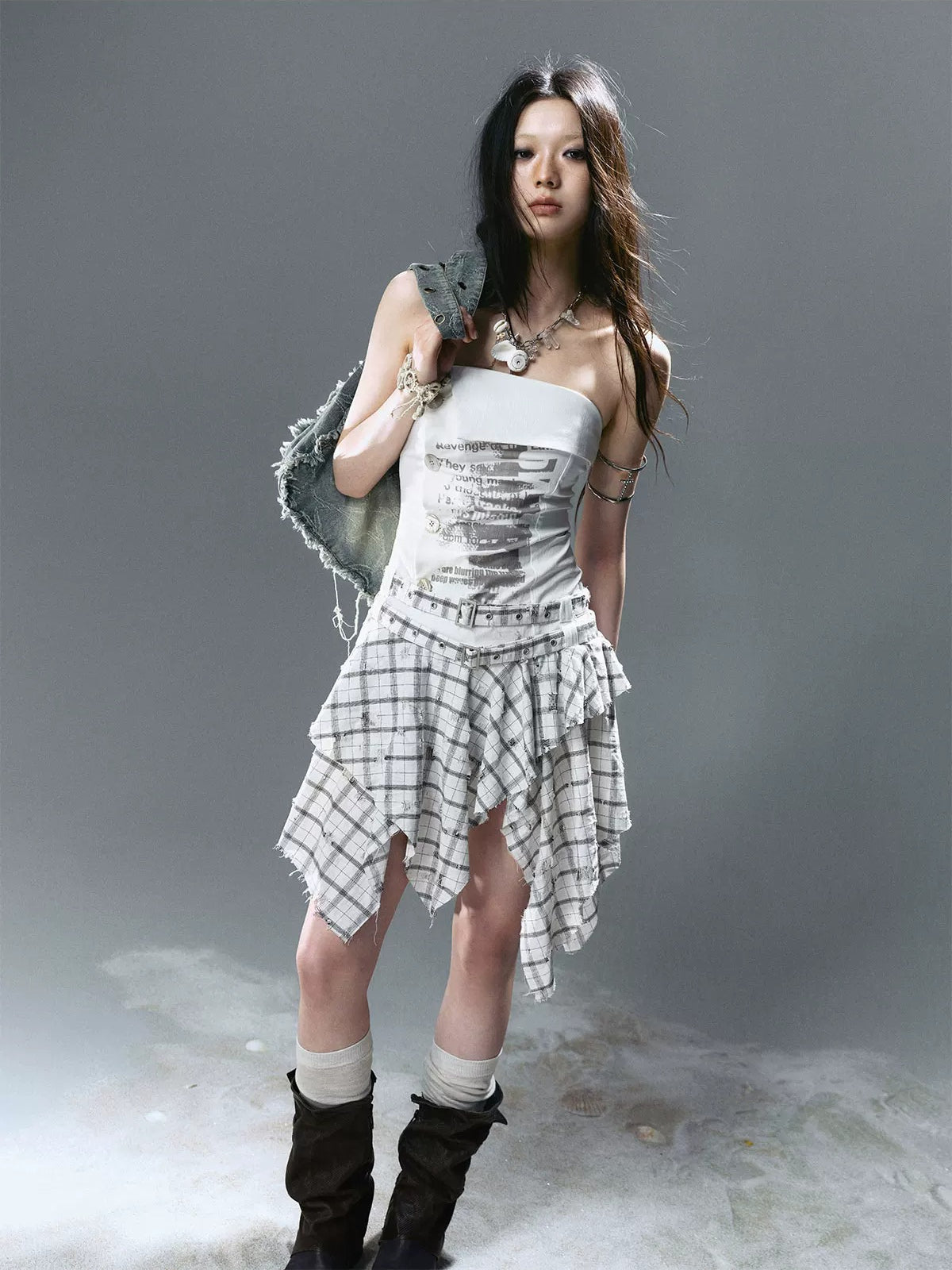 Graffiti Ruched Plaid Bustier Dress