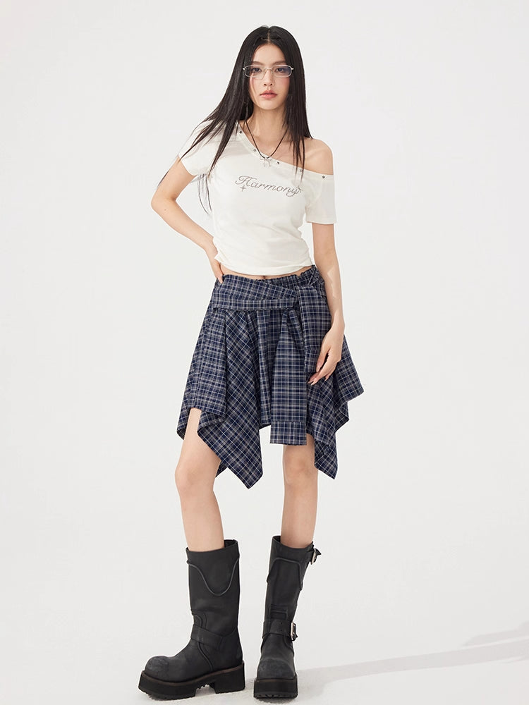 Plaid Tie Up Irregular Shirt Skirt