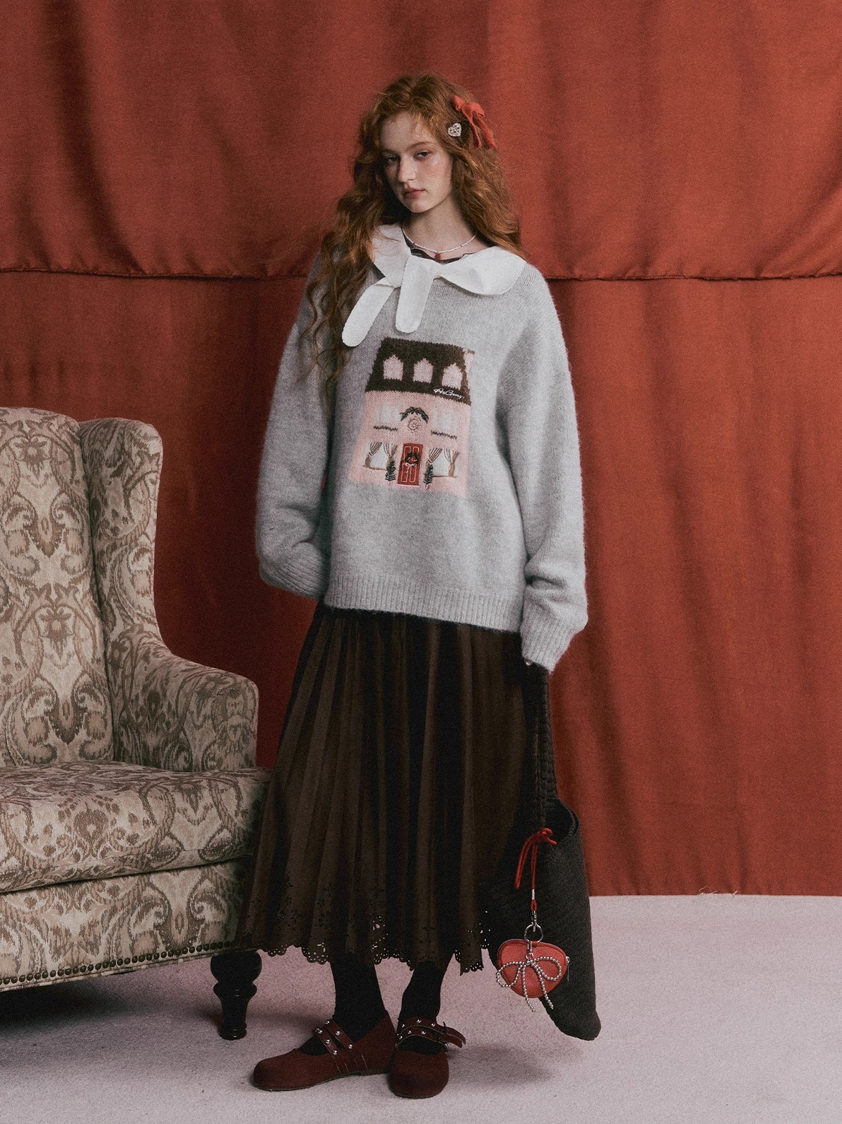 Eyelet Hem Suede Long Skirt