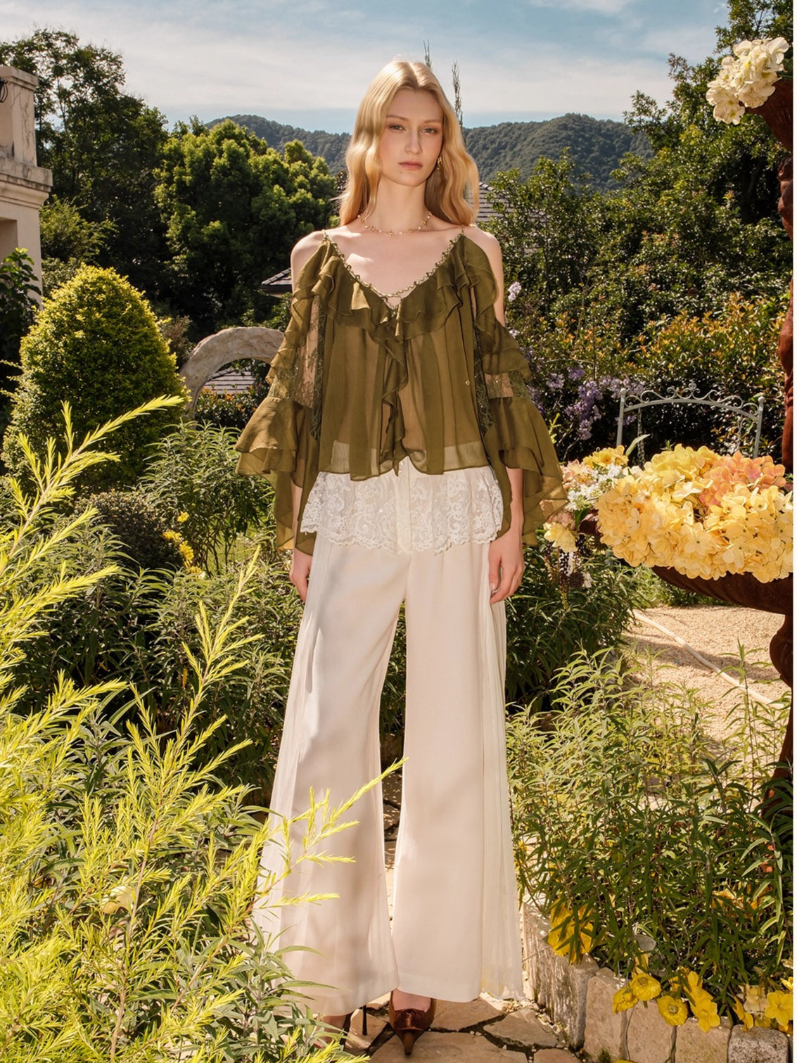 Flowy Chiffon Ruffle V-neck Shirt