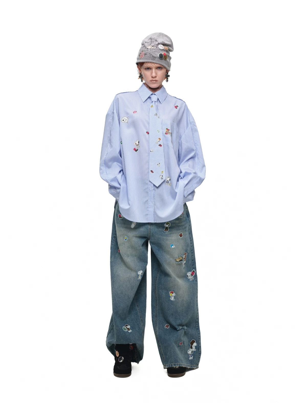 Sticker Print Wide Jeans