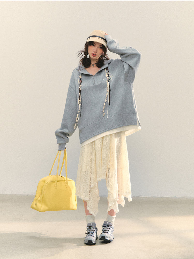 Beige Lace Irregular Hem Midi Skirt