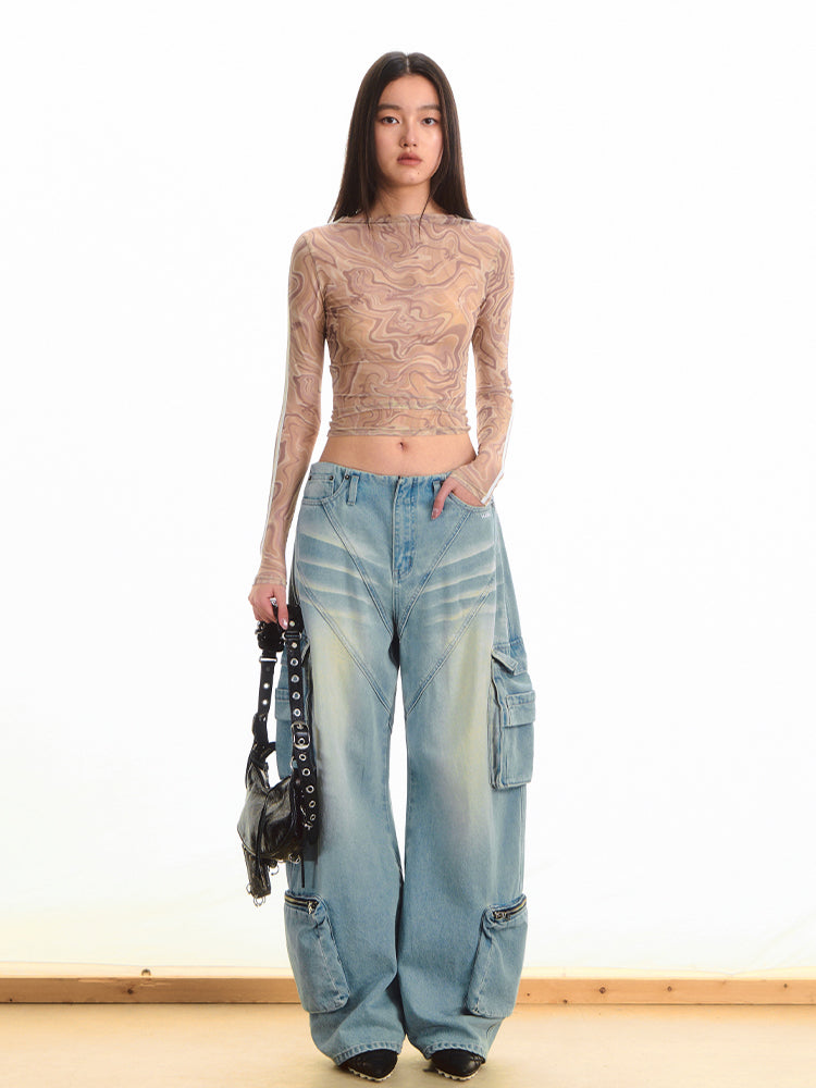 Printed Pleated Long Sleeve T-shirt