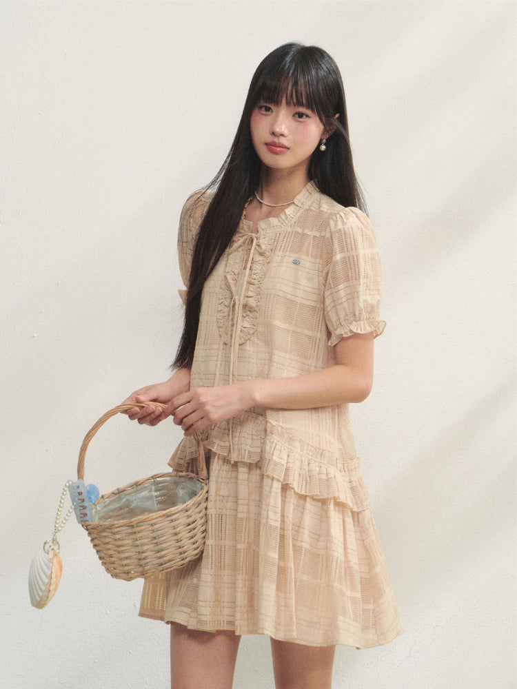 Checkered Hollow-Out Ruffled Dress Set