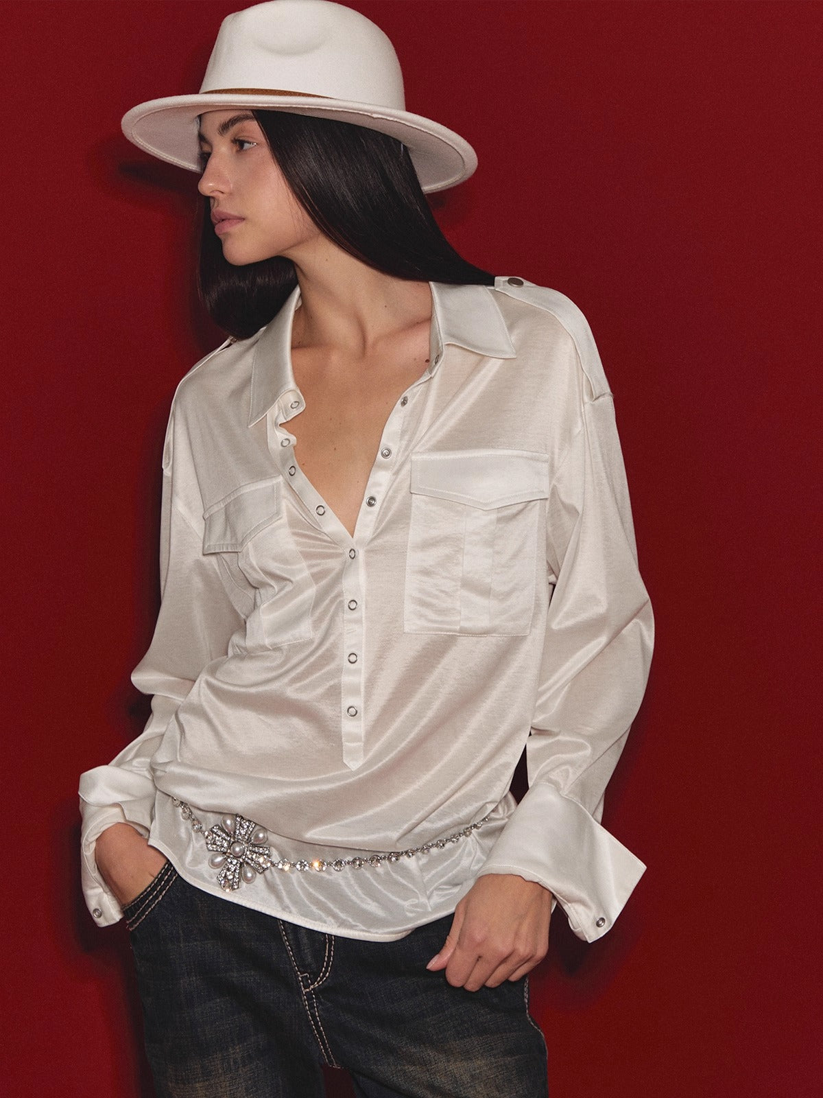 Satin-Sheen Knit Utility Shirt