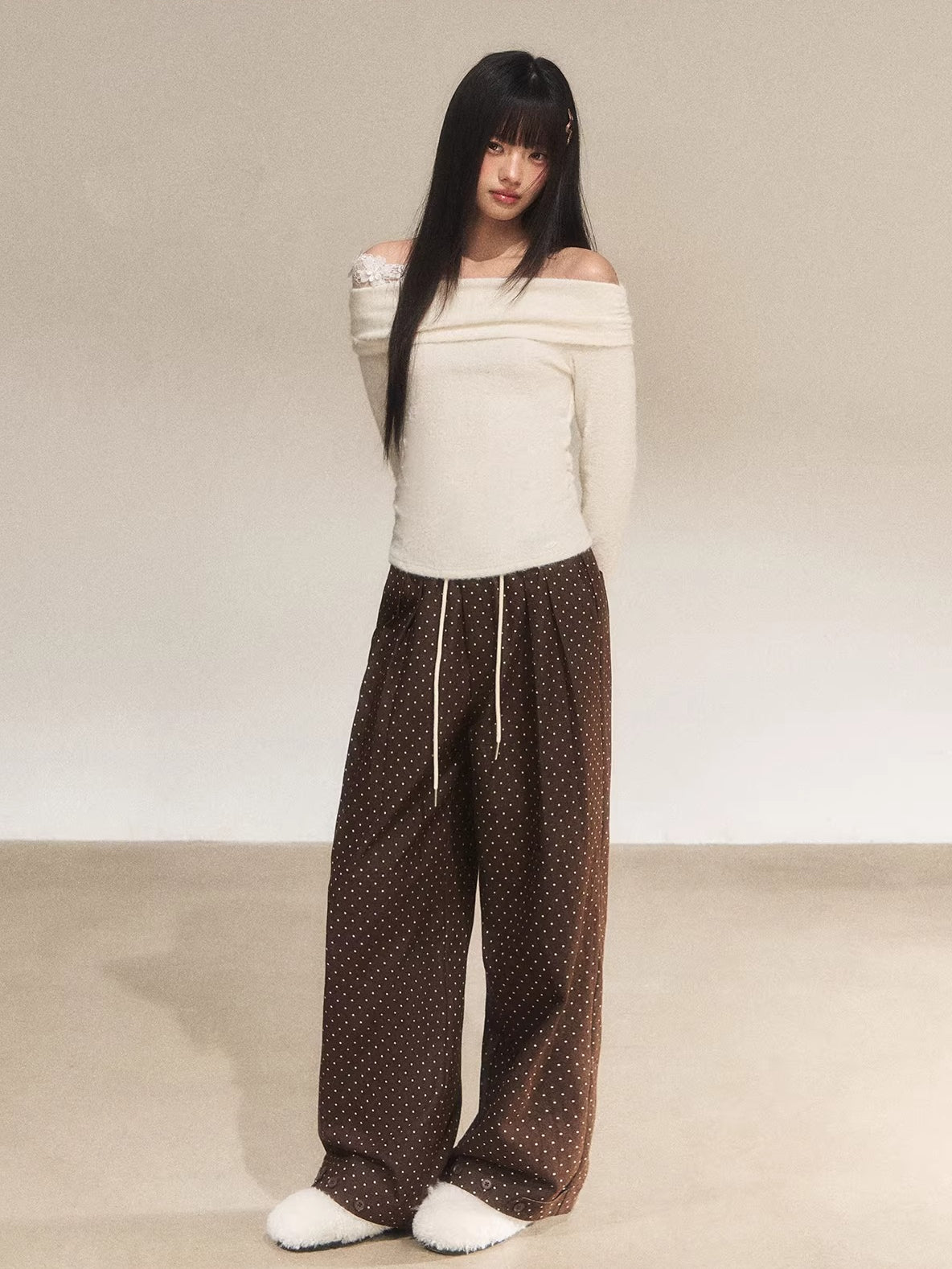 Vintage Polka Dot Straight-Leg Pants