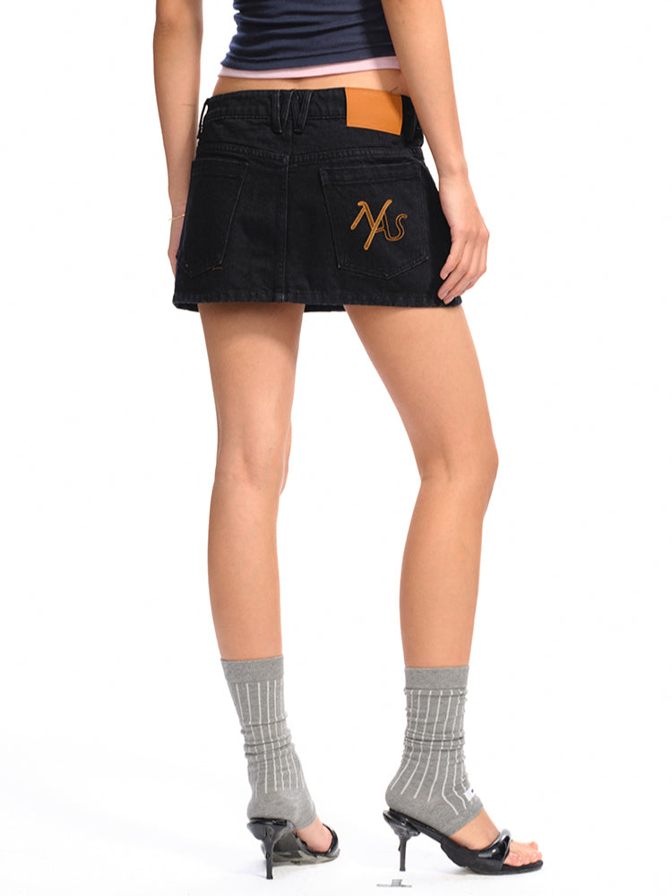 Asymmetrical Low - Rise Straight - Cut Denim Mini Skirt