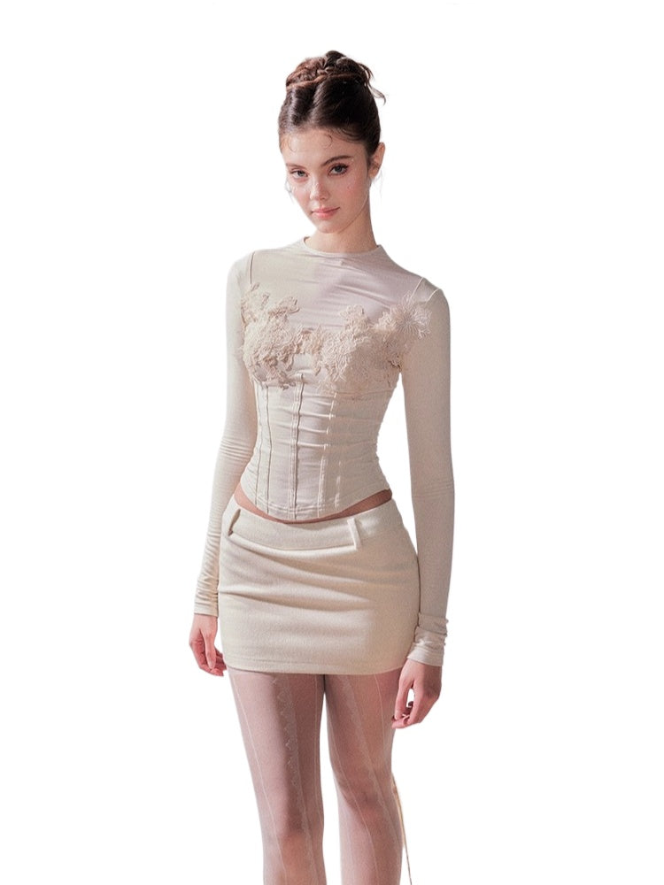 Brushed Slim Fit Knit Lace Base Top & Skirt Set