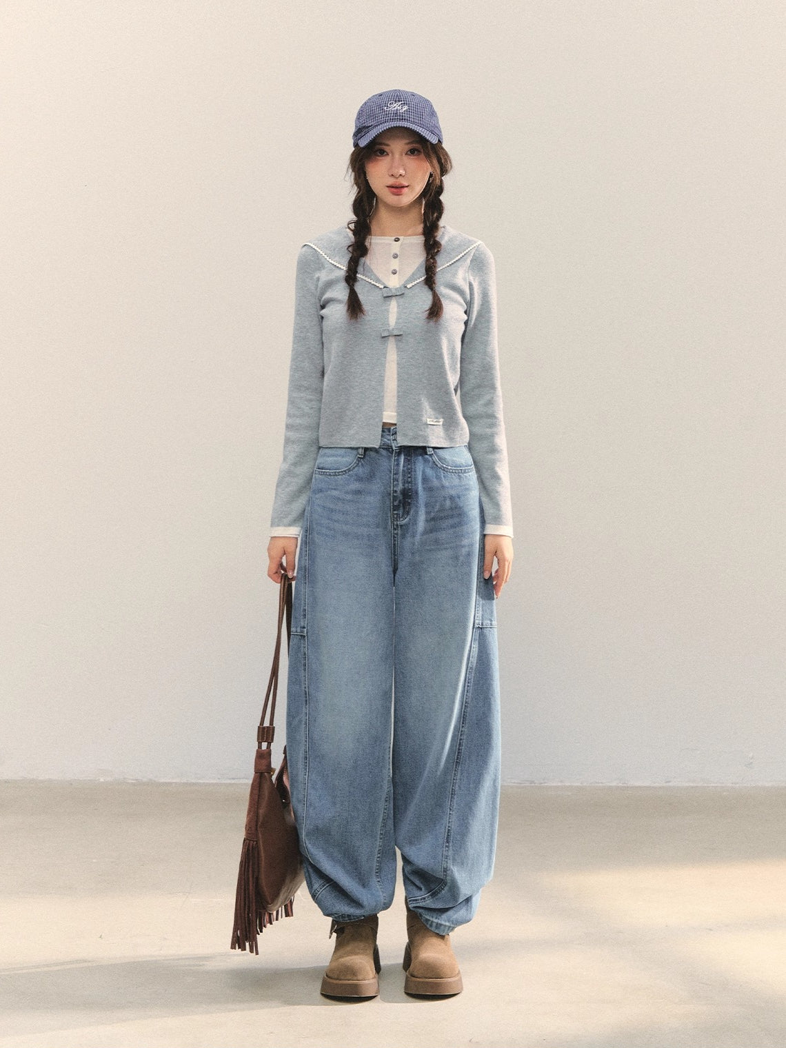 Navy Blue & Gray Sailor-Bow Knit Cardigan