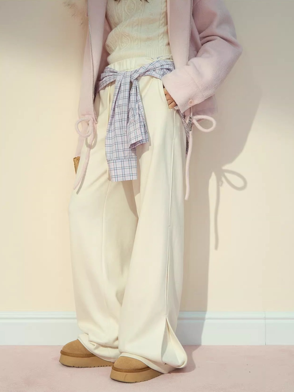 Checked Waist Wool Straight-Leg Pants